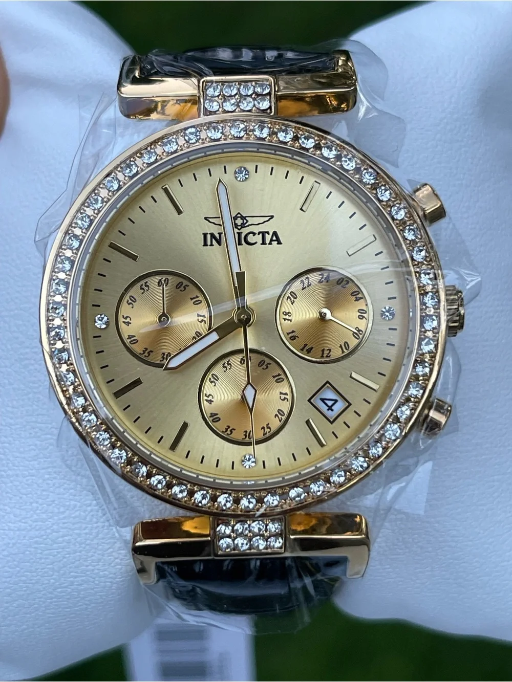 Invicta Celestial Gold Crystal Chronograph Women's Watch with Black Strap 38mm